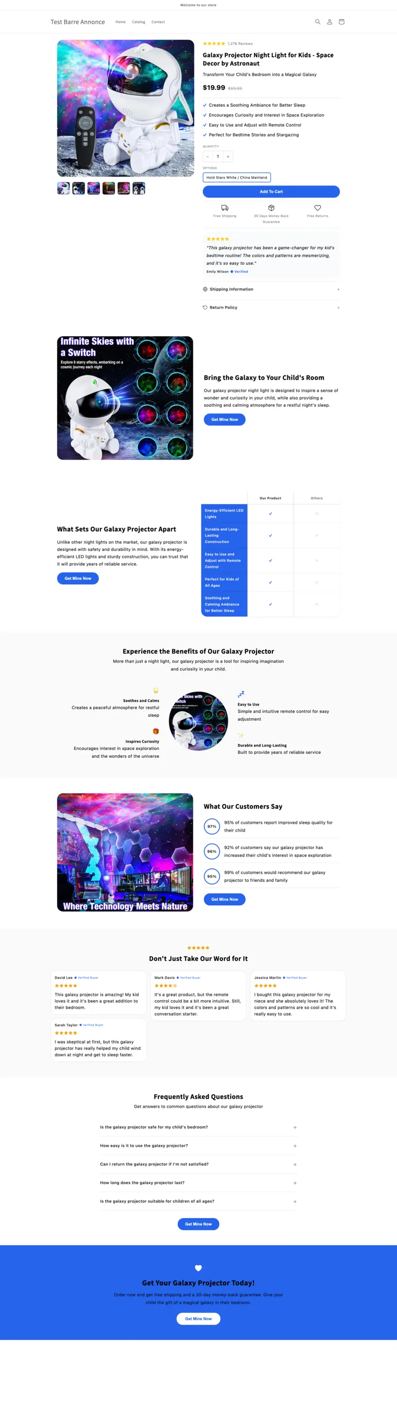 The full Shopify product page Ecopy built — benefit bullets, feature grid, comparison table, statistics, reviews, FAQ and trust badges