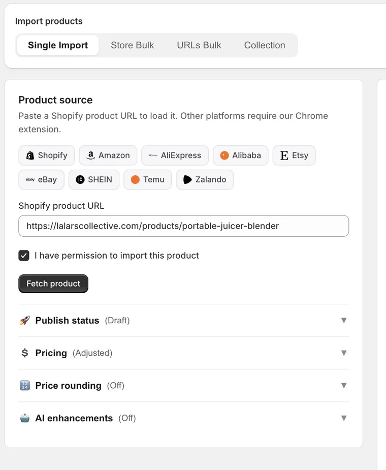 Ecopy import screen with a pasted product URL and a live preview of the product