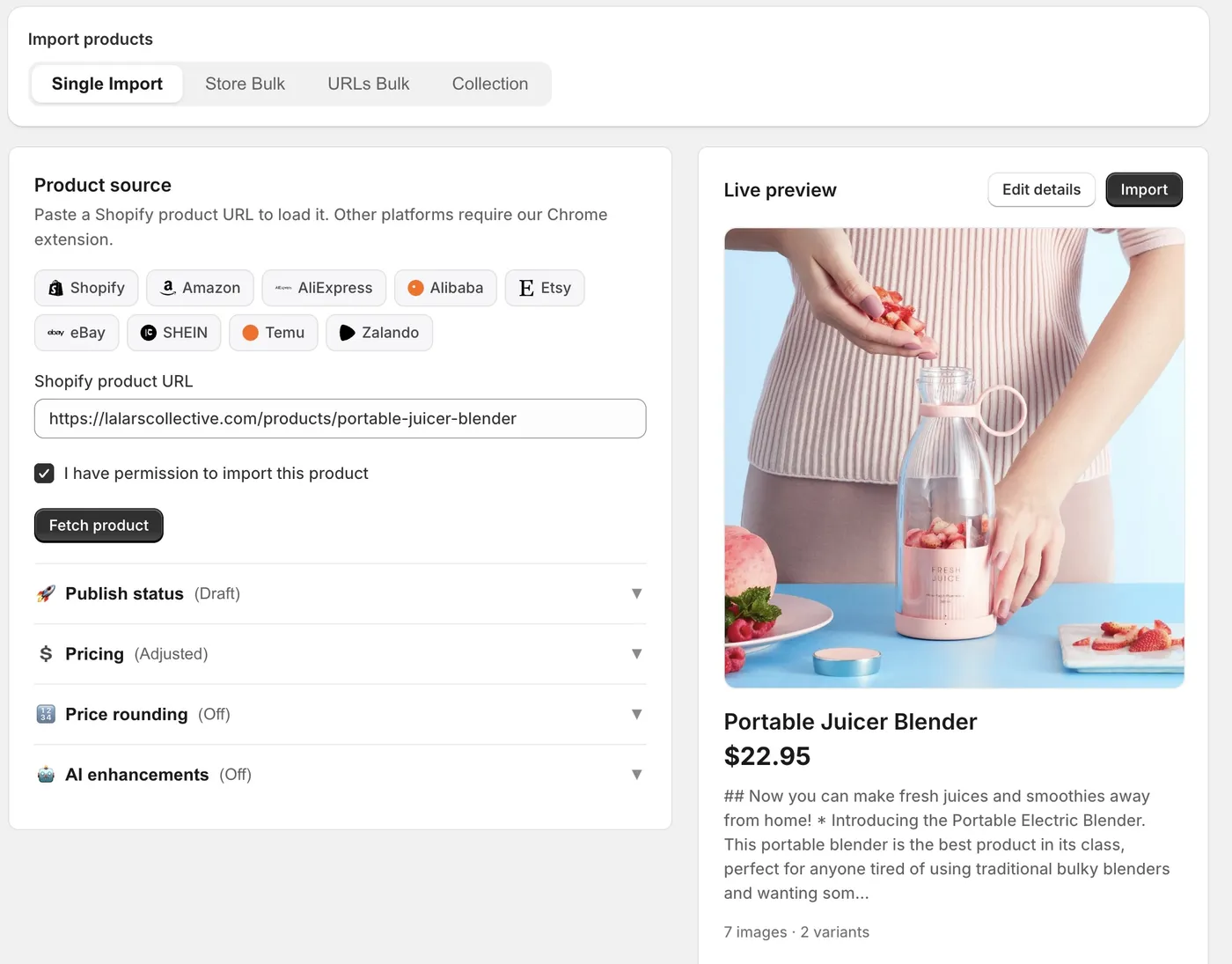 Ecopy import screen with a pasted product URL and a live preview of the product