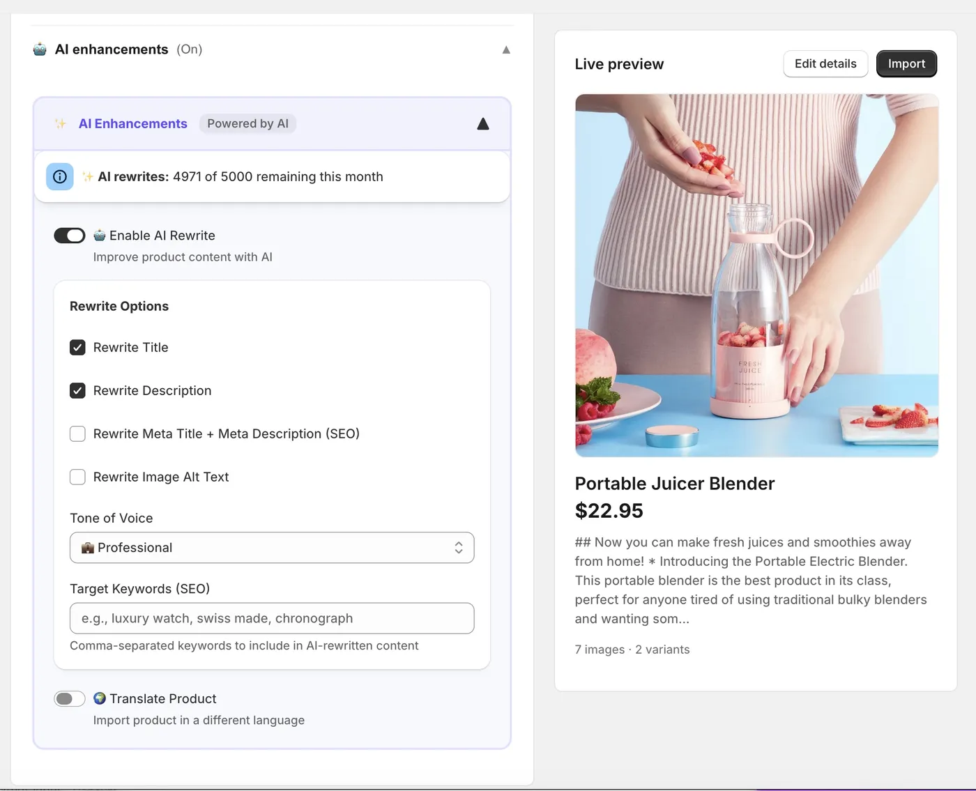 AI enhancement panel with rewrite options, tone of voice and target keywords