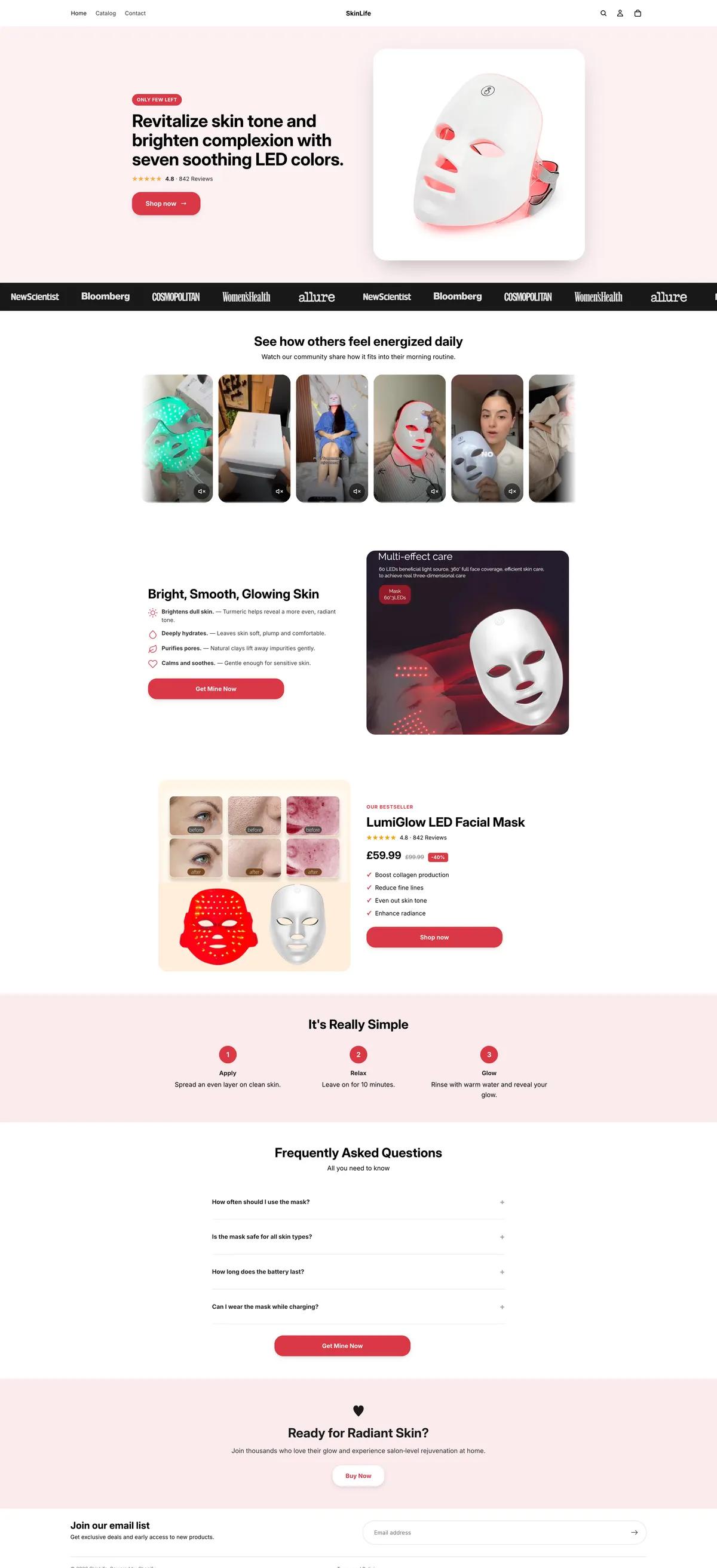 Branded Shopify home page generated by Ecopy from a single product page: hero, press logos, customer videos, benefits, bestseller, how it works, FAQ and call to action